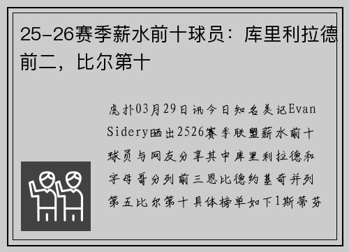 25-26赛季薪水前十球员：库里利拉德前二，比尔第十