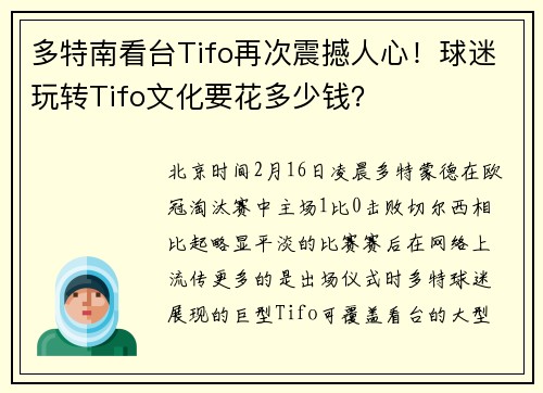多特南看台Tifo再次震撼人心！球迷玩转Tifo文化要花多少钱？