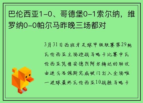 巴伦西亚1-0、哥德堡0-1索尔纳，维罗纳0-0帕尔马昨晚三场都对