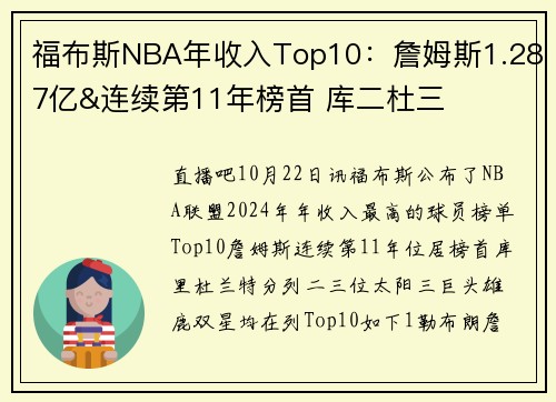 福布斯NBA年收入Top10：詹姆斯1.287亿&连续第11年榜首 库二杜三
